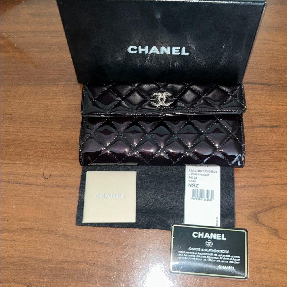 100% Authentic Chanel Dark Shiny Black Purple Quilted L -Double Wallet NWT + Box
